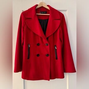 Black Rivet Double-Breasted Wool Pea Coat, Red (L)